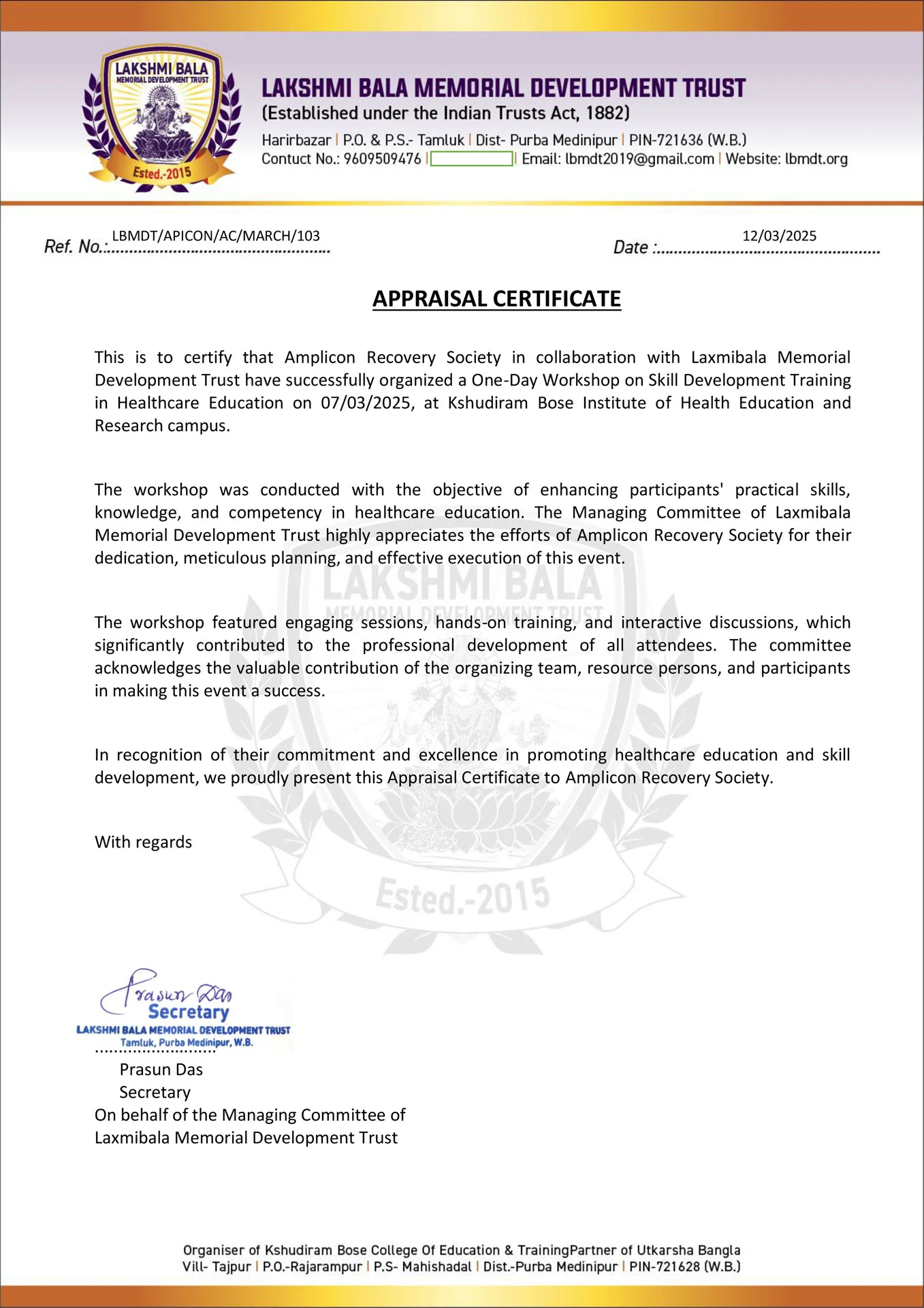 LAKSHMI BALA MEMORIAL DEVELOPMENT TRUST APPRAISAL CERTIFICATE